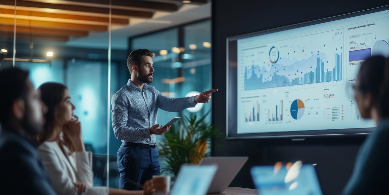 The analyst stands confidently, pointing at a large screen displaying data-driven insights. Team members are engaged, some taking notes, others discussing points.