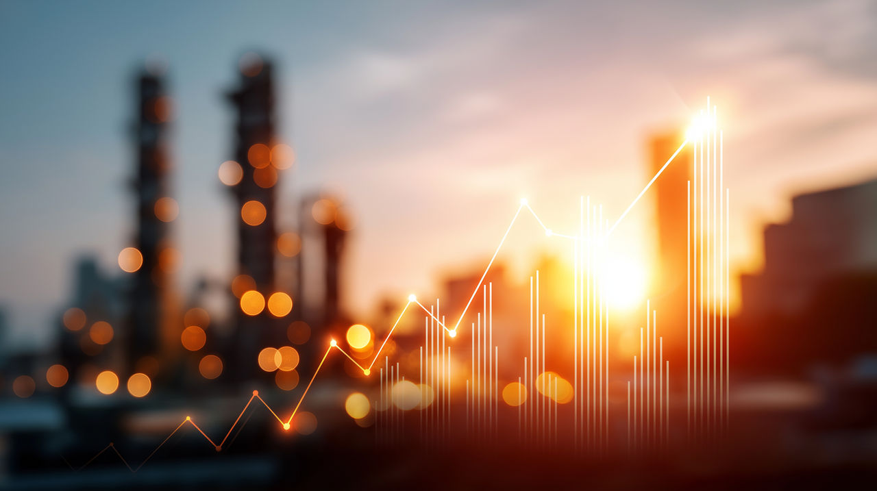 Double exposure of facilities and rising forex chart with warm sunset glow dynamic global energy market financial trends and industry growth visualization economic indicators
